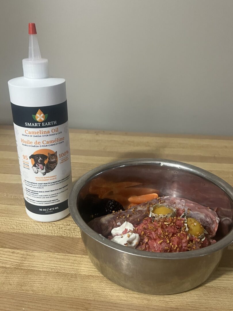 Dog food bowl with raw ingredients and supplement bottle on table.