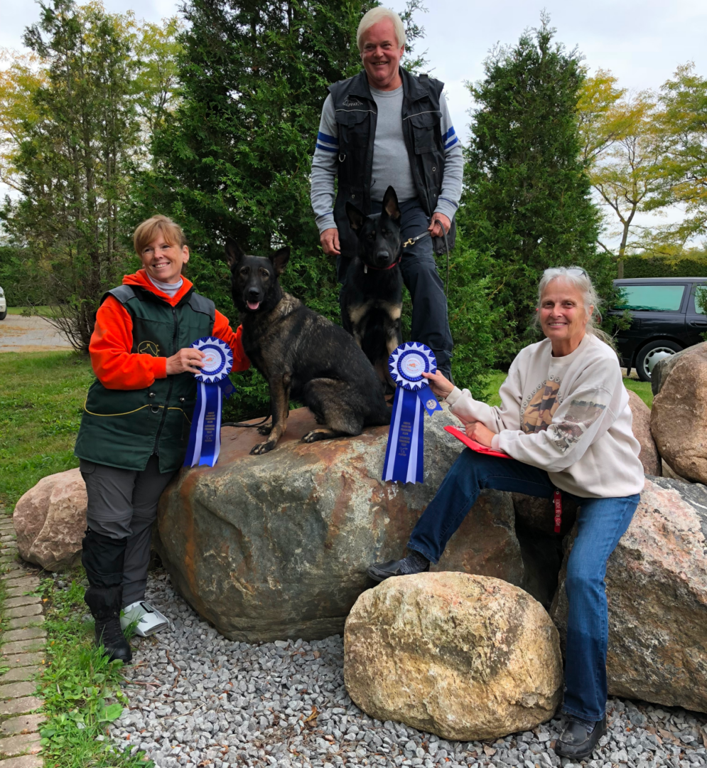 Three people proudly holding blue ribbons outdoors by large rocks.