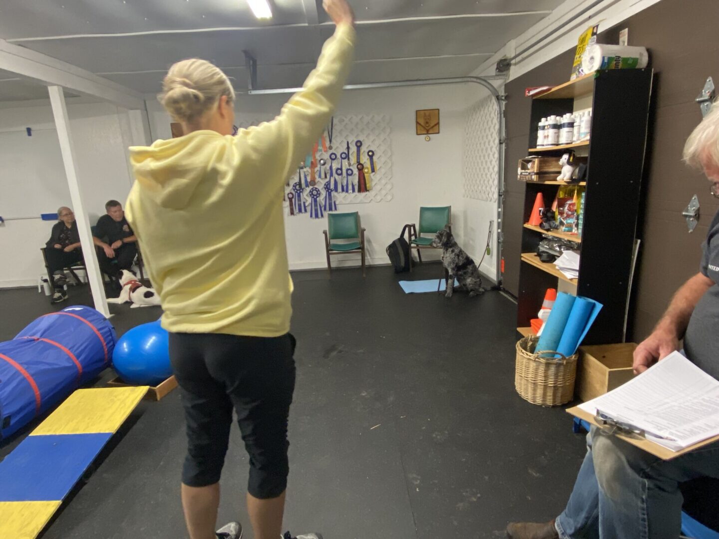 Person dancing in a casual room with exercise balls and shelves.