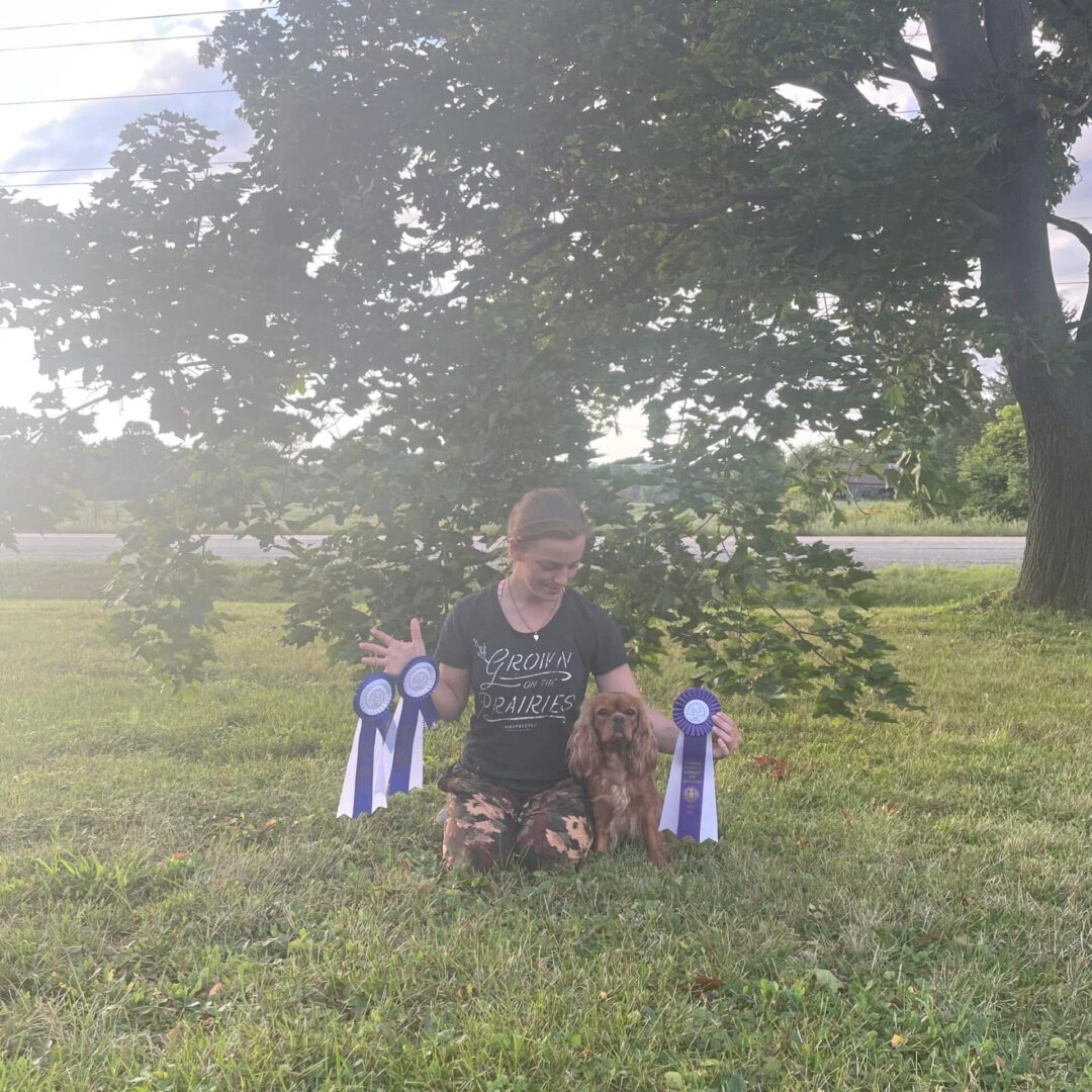 Person sitting with a dog holding two blue and white ribbons outdoors.