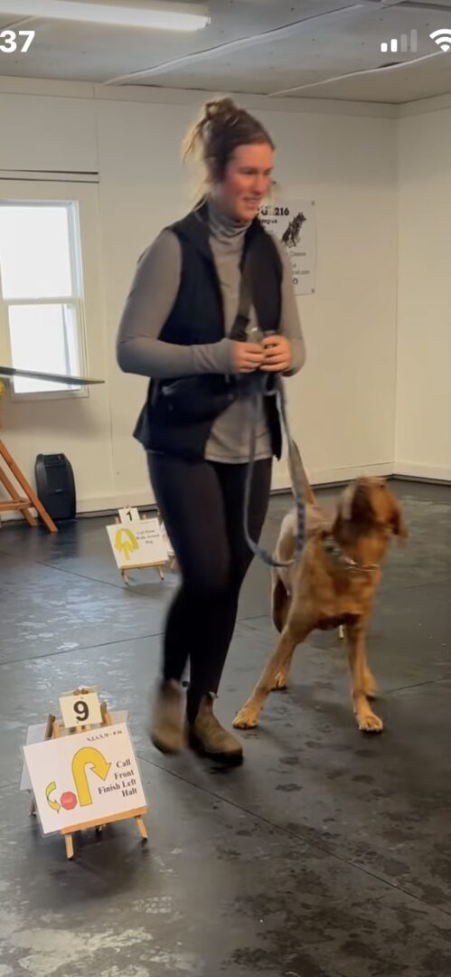 Woman training a dog indoors, holding a leash and a treat.