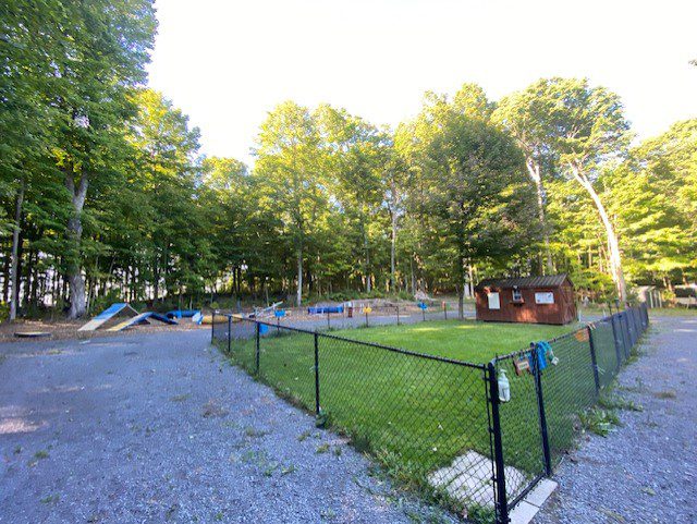 A fenced playground with slides and green trees in the background.